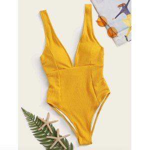 SHEIN Ribbed One Piece Swimsuit Mustard Yellow M